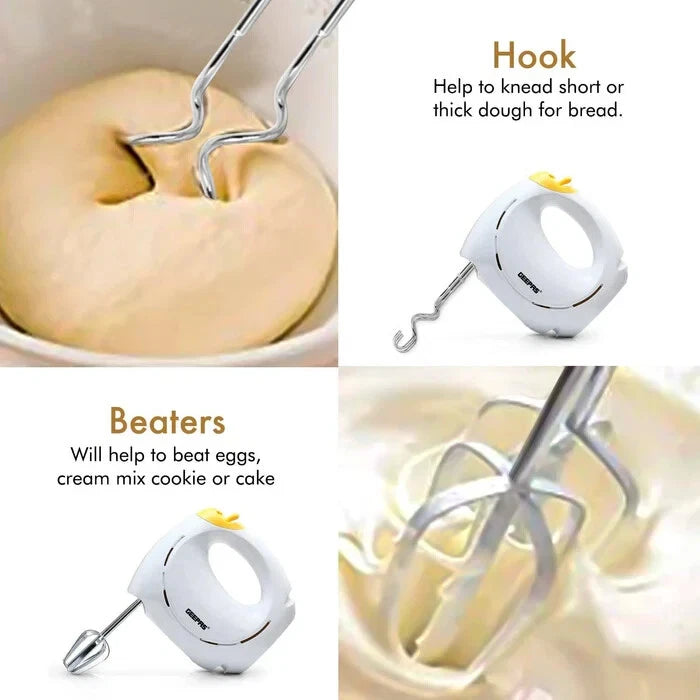 Geepas Electric Hand Food Mixer 7 Speeds & Turbo With Egg Beaters & Dough Hooks