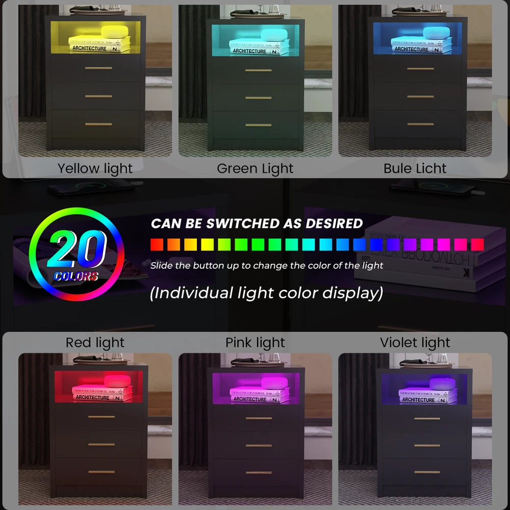 2/3 Drawers High Gloss Front Bedside Table Cabinet LED Nightstand With Charging