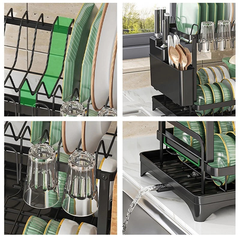 2 TIER KITCHEN SINK DISH DRAINER RACK WITH DRIP TRAY CUTLERY HOLDER PLATE RACK