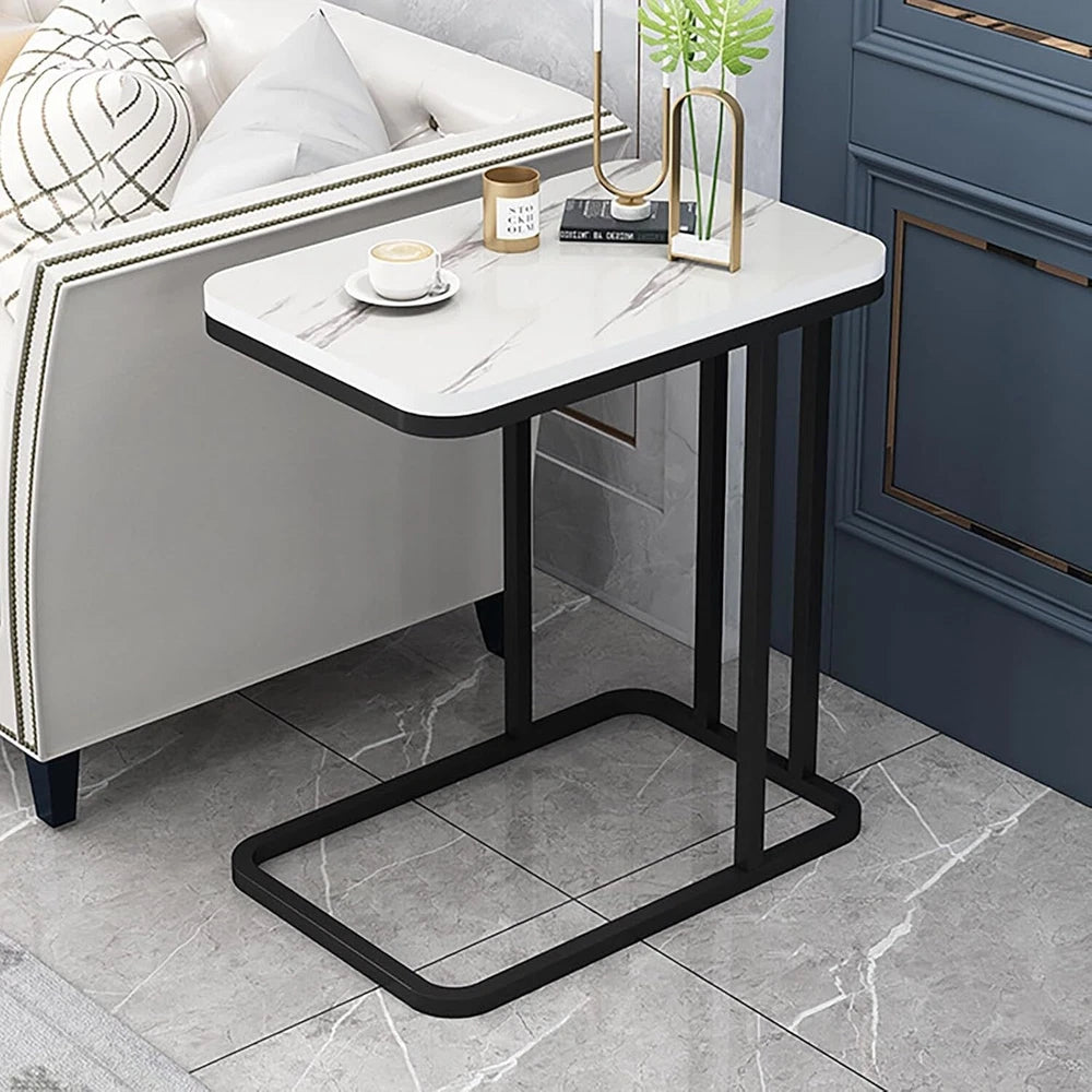 Side Table C Shaped Sofa End Table Coffee Snack Table w/ Metal Frame Couch Table