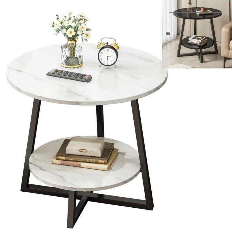 2-Tier Coffee Table Side Table White Marble Effect End Table LivingRoom Round
