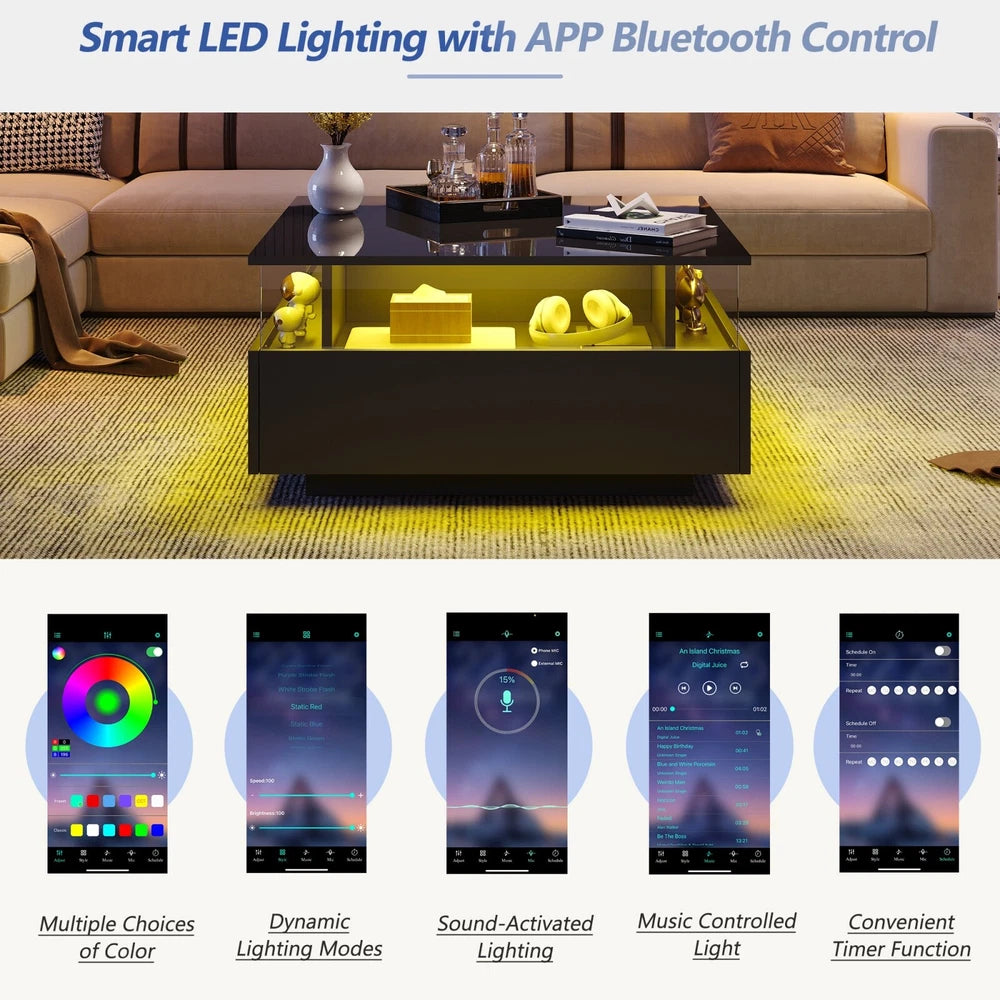 Coffee Table with LED Square High Gloss Black Storage Tea Table for Living Room