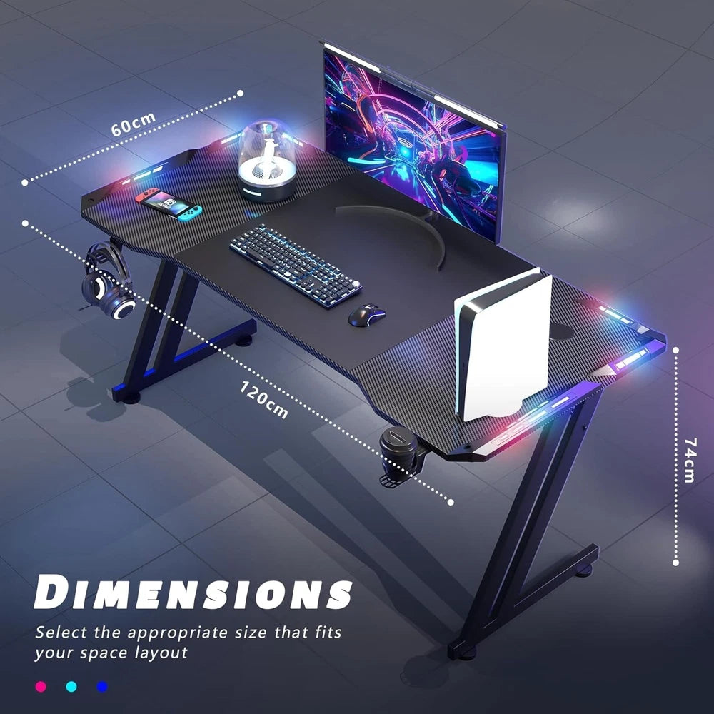 LED Gaming Desk with Power Outlets and Monitor Stand 100 x 60cm Black