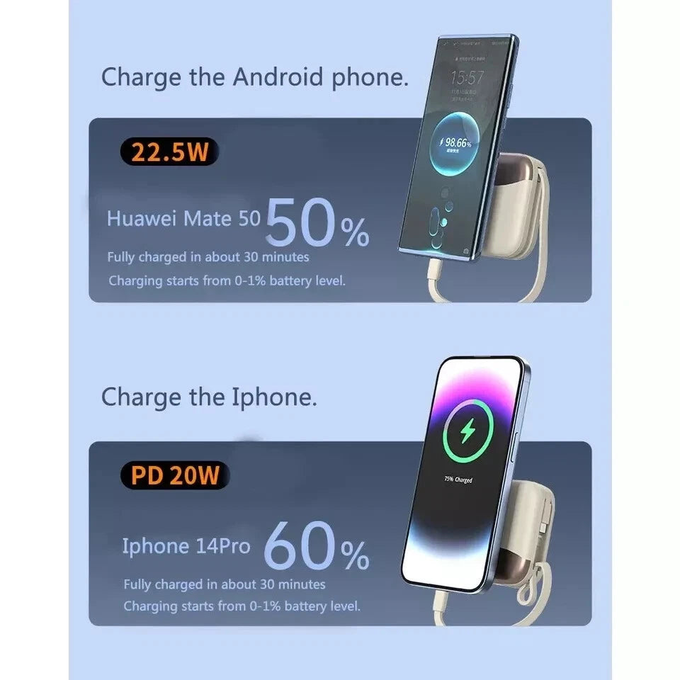 Mini portable Power Bank 10000mAh Charger Built-In USB-C Cable Fast Charge UK