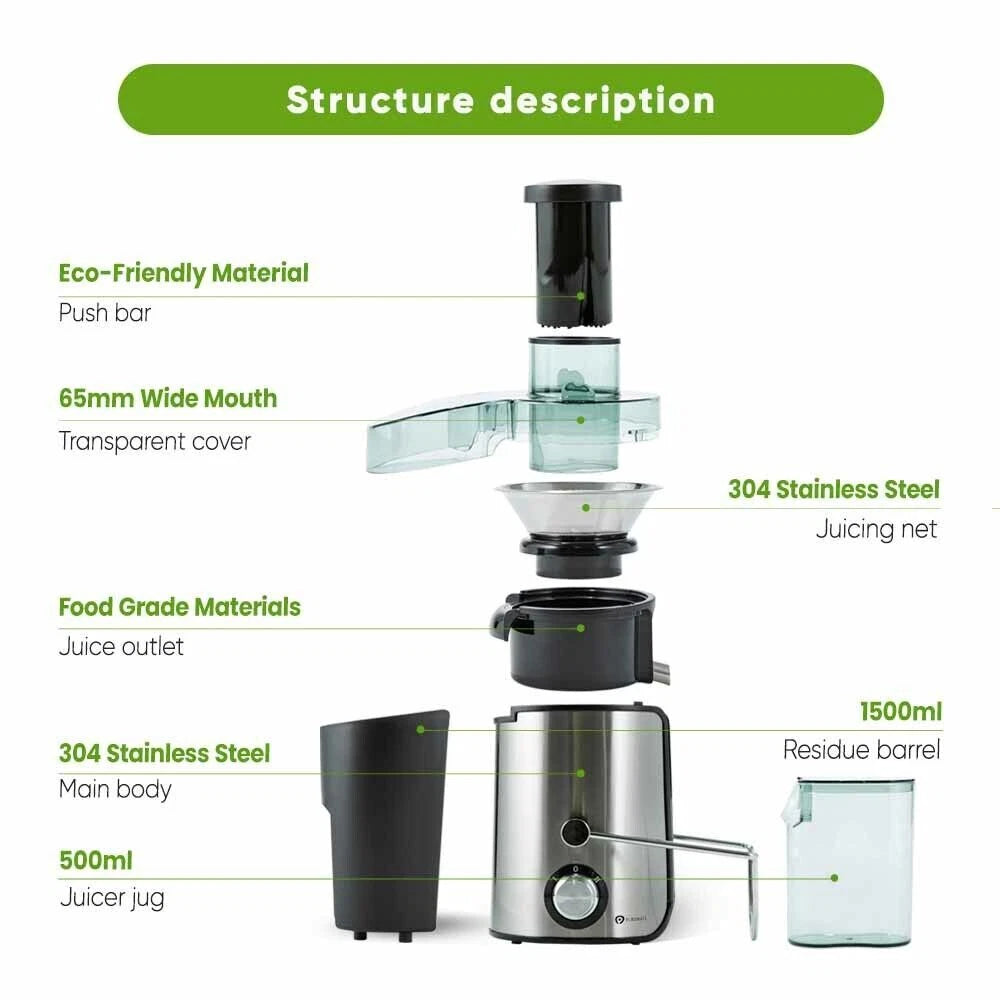 1000W Juicer Machine Whole Fruit Vegetable Large Juice Extractor Stainless Steel