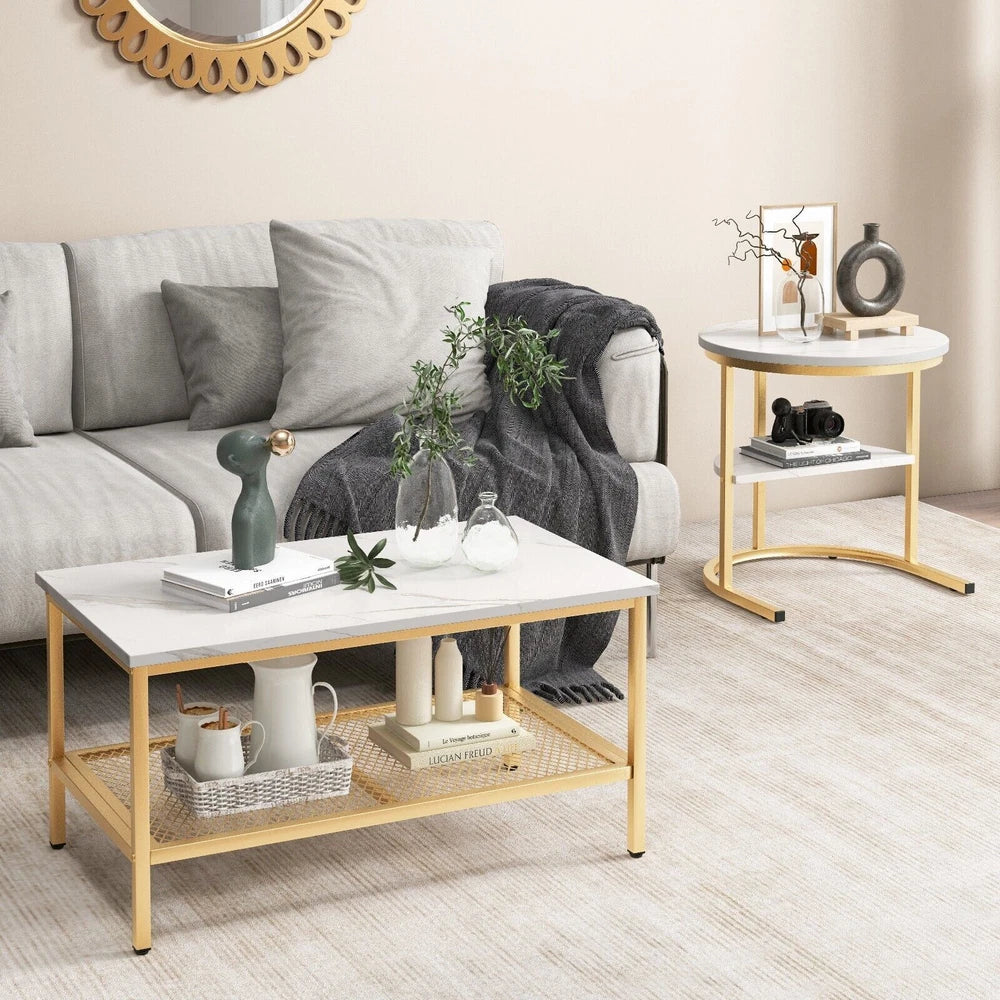 Set of 2 Coffee Nesting Table Set Detachable 2-Tier Sofa Side Table Faux Marble
