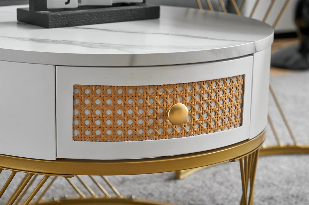 Nesting Coffee Table Set of 2 Living Room Marble Look Side End Table with Drawer