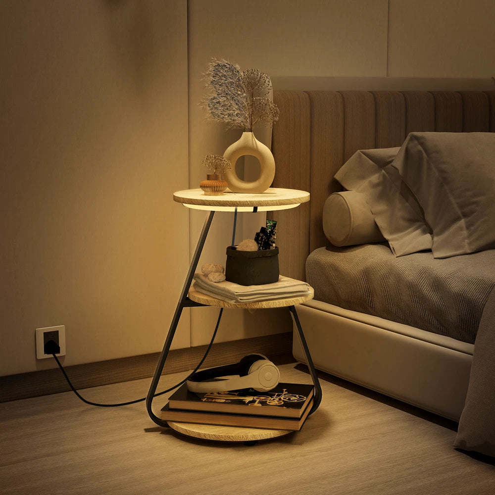 3-Tier Sofa Side Table LED Lighted Bedside Living Room End Table with Storage