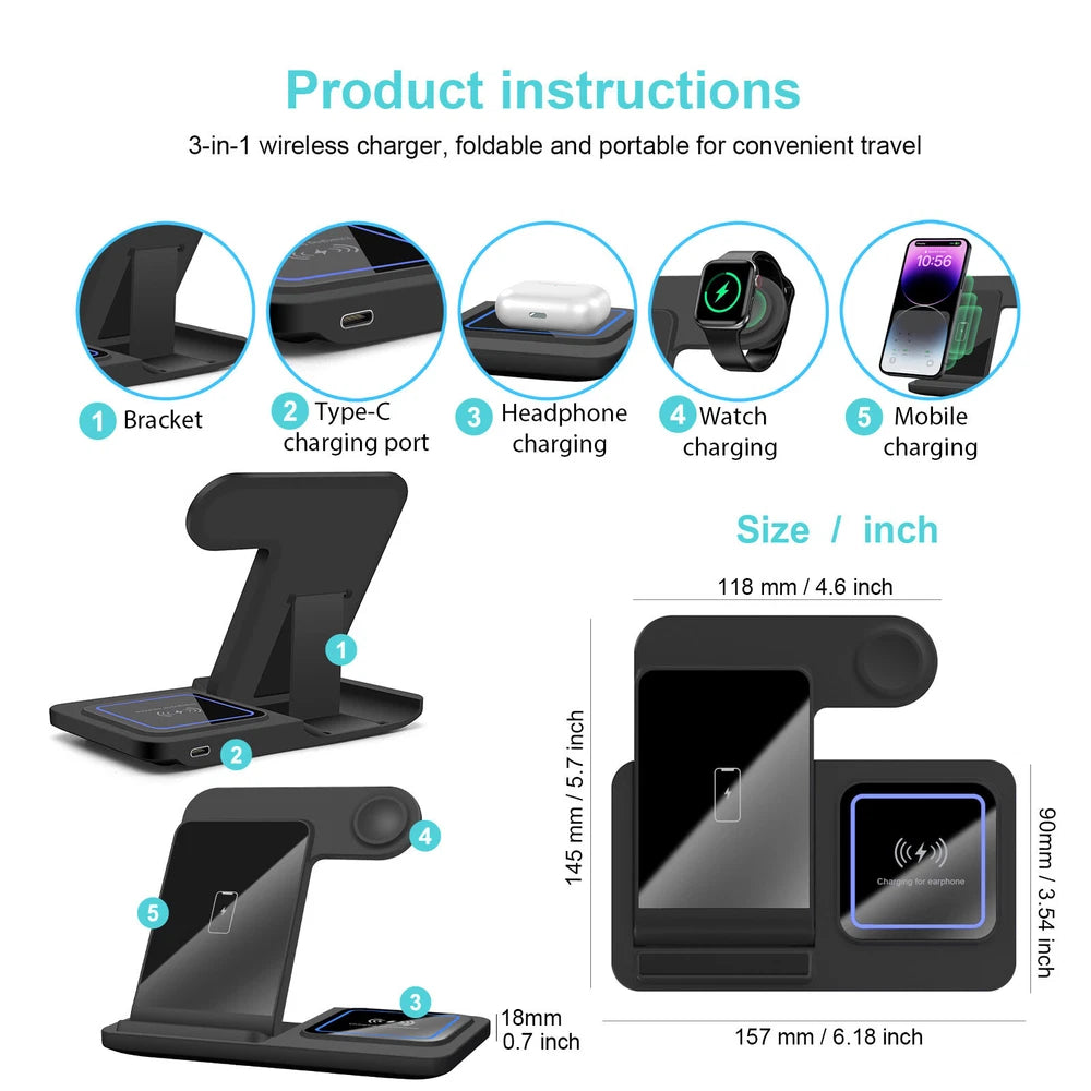 3in1 Wireless Charger Dock Charging Stand For Apple Watch Ultra 9 8 iPhone 16 15