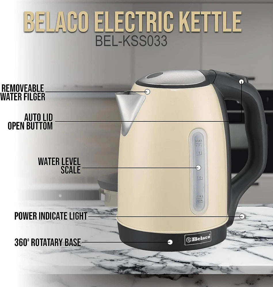 Belaco Electric Kettle Stainless Steel 1.7L,  2200w Fast Boil Cordless 360°