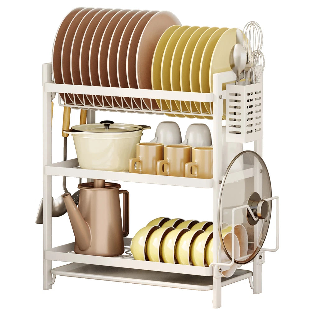 3 TIER KITCHEN SINK DISH DRAINER RACK WITH DRIP TRAY CUTLERY HOLDER PLATE RACK