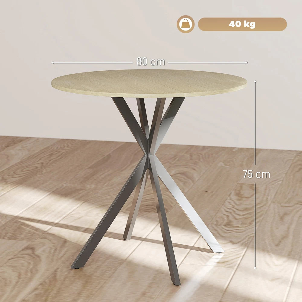 80cm Round Dining Table with Cross Steel Legs for Dining Room, White Oak