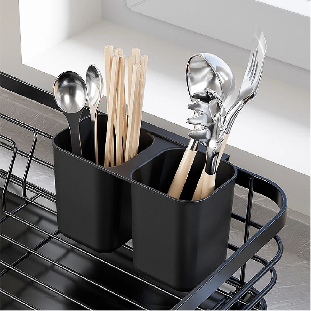 2 TIER KITCHEN SINK DISH DRAINER RACK WITH DRIP TRAY CUTLERY HOLDER PLATE RACK