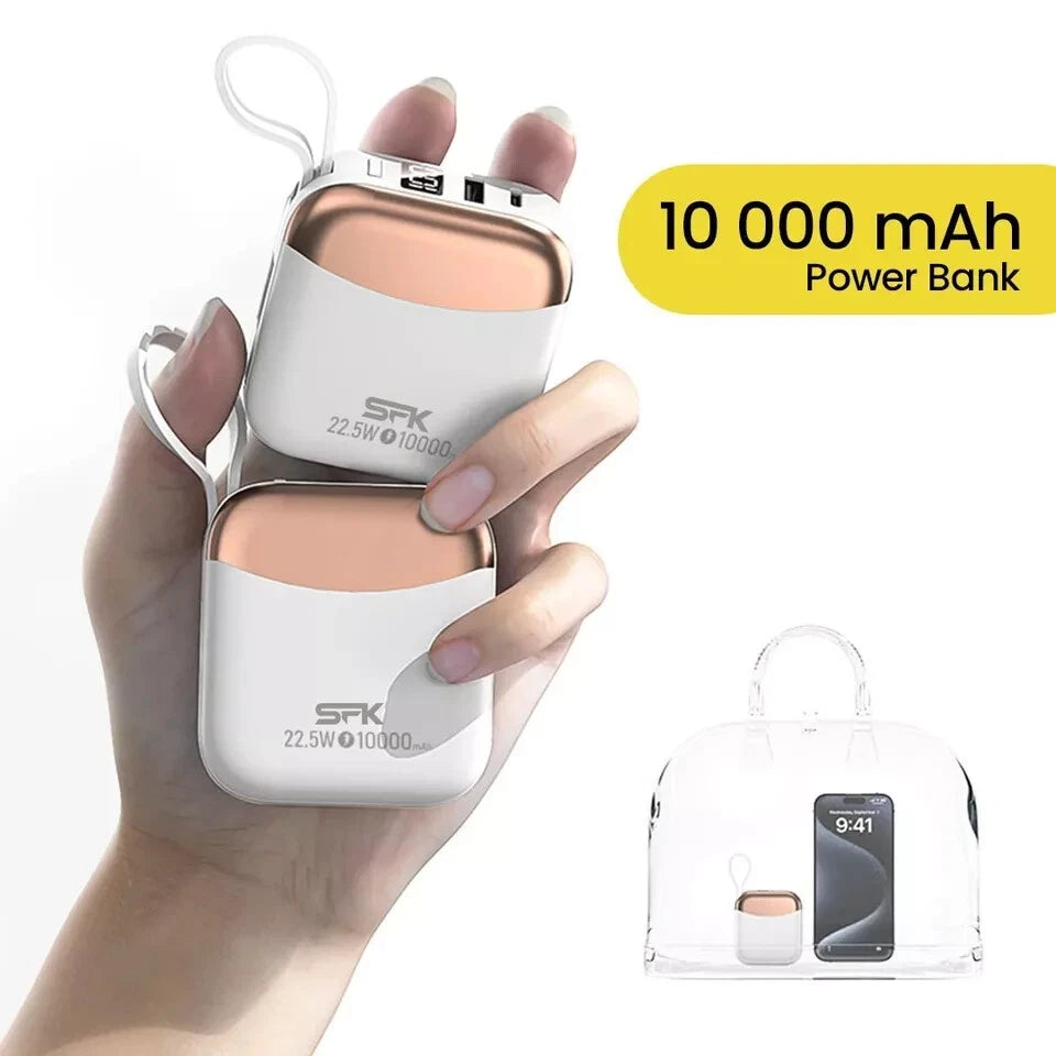 Mini portable Power Bank 10000mAh Charger Built-In USB-C Cable Fast Charge UK