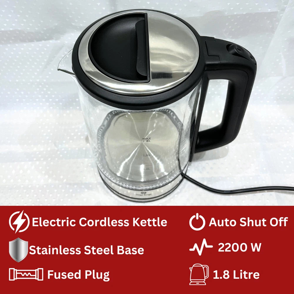 Maya Range Electric 1.8L Cordless Blue LED Glass Kettle 2200W Safe Auto Shut Off
