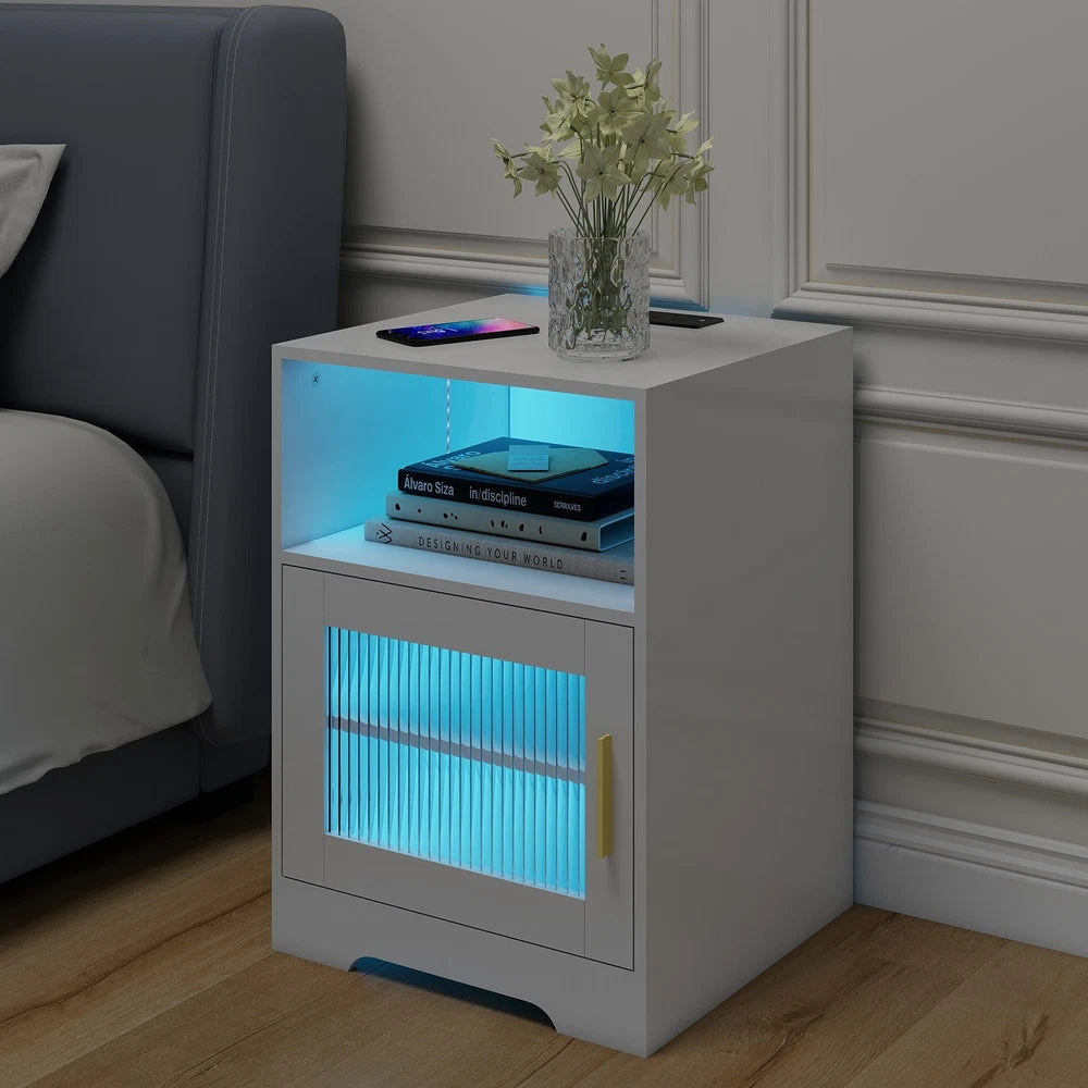 Bedside Table RGB LED 4 Tier Storage Cabinet Nightstand with Charging Station