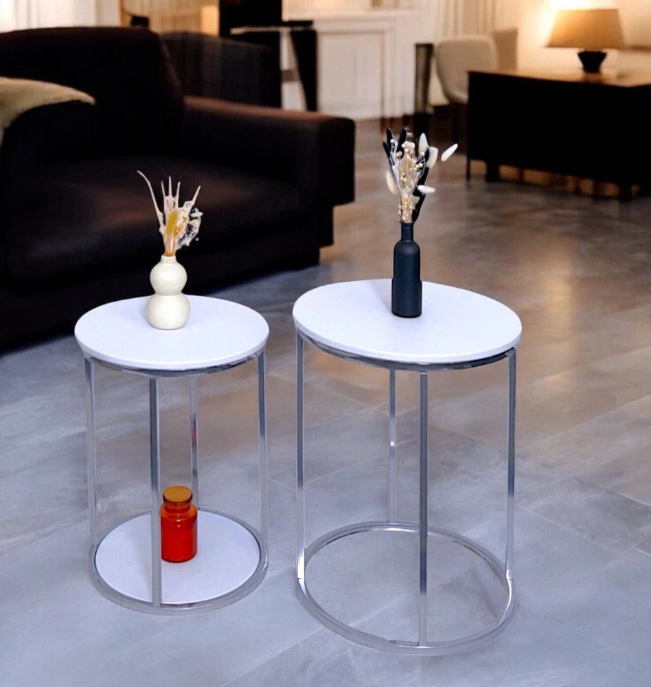 NEW Nest of Tables Set of 2 Coffee Side End Table White With Chrome Legs