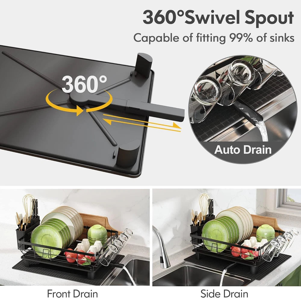 Kitchen Dish Drainer Plate Drying Rack with Drip Tray Cup Cutlery Utensil Holder