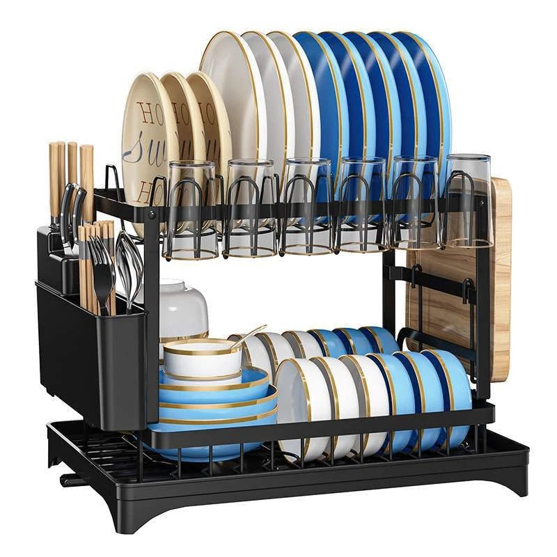 2 TIER KITCHEN SINK DISH DRAINER RACK WITH DRIP TRAY CUTLERY HOLDER PLATE RACK