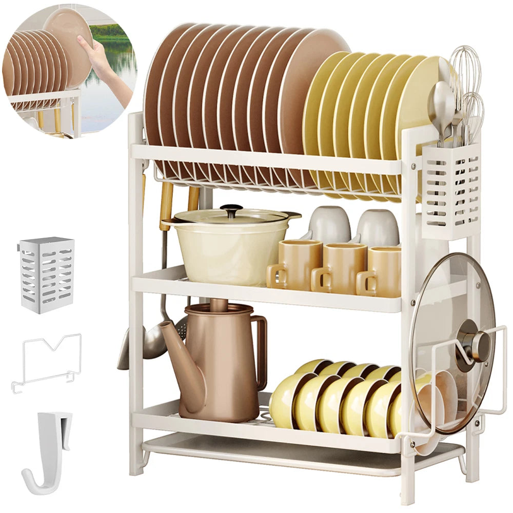 3 Tier Dish Drainer Rack with Drip Tray Cutlery Holder Plate Rack Kitchen Sink