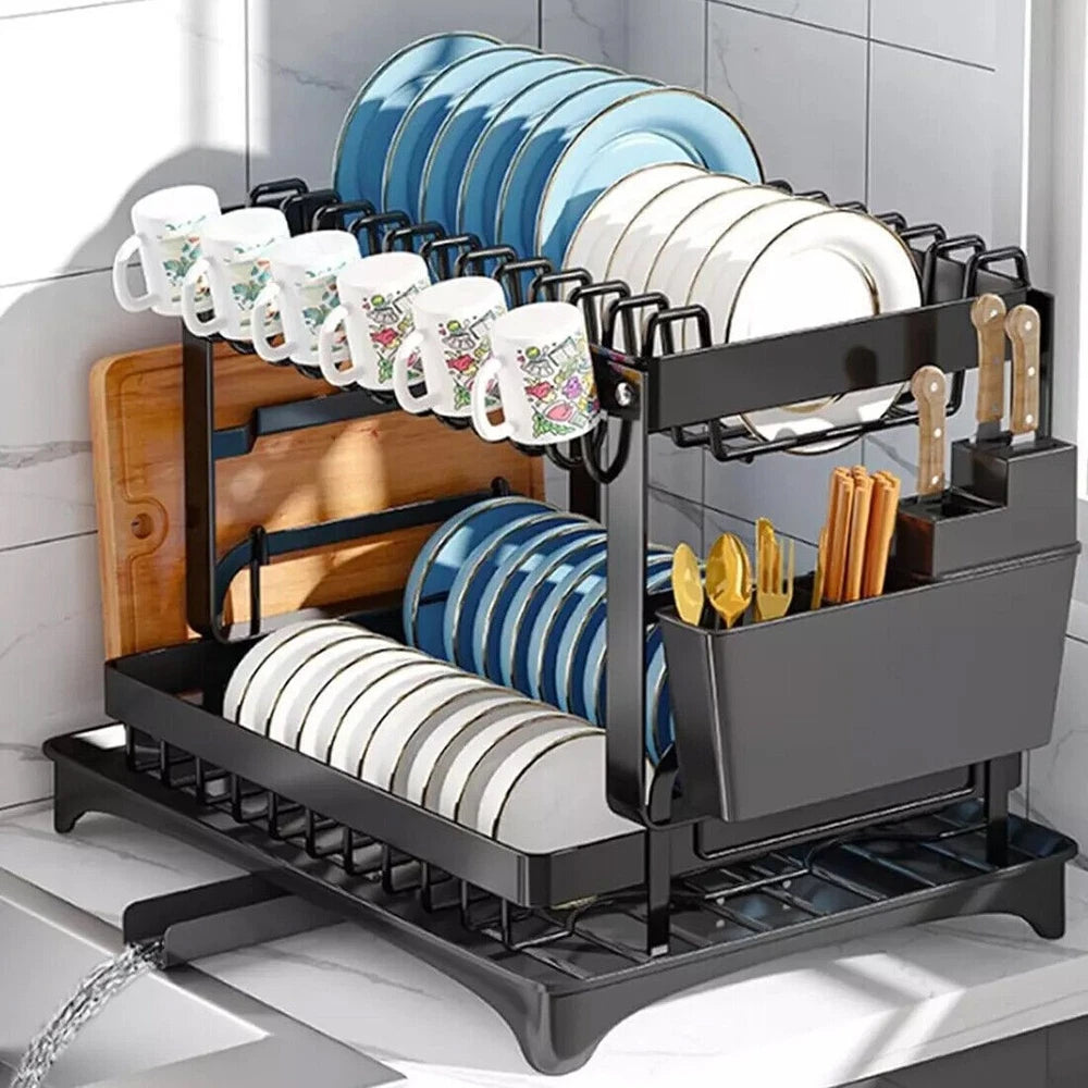 2 TIER KITCHEN SINK DISH DRAINER RACK WITH DRIP TRAY CUTLERY HOLDER PLATE RACK