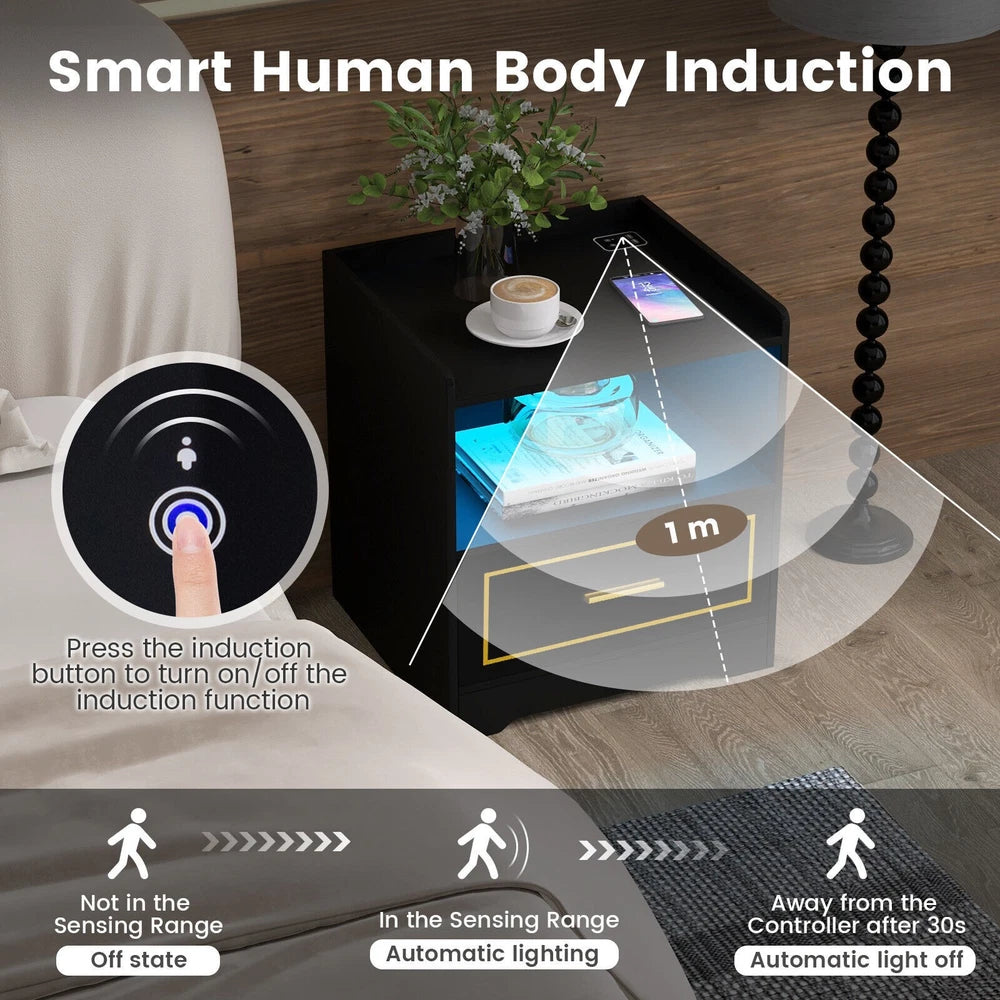 Modern Smart Bedside Table LED Nightstand Sofa Side End Table w/USB Type-C Port