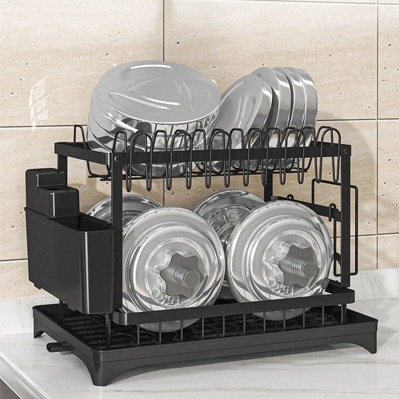 2 TIER KITCHEN SINK DISH DRAINER RACK WITH DRIP TRAY CUTLERY HOLDER PLATE RACK