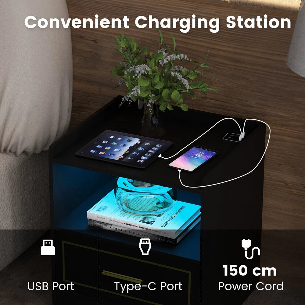 Modern Smart Bedside Table LED Nightstand Sofa Side End Table w/USB Type-C Port