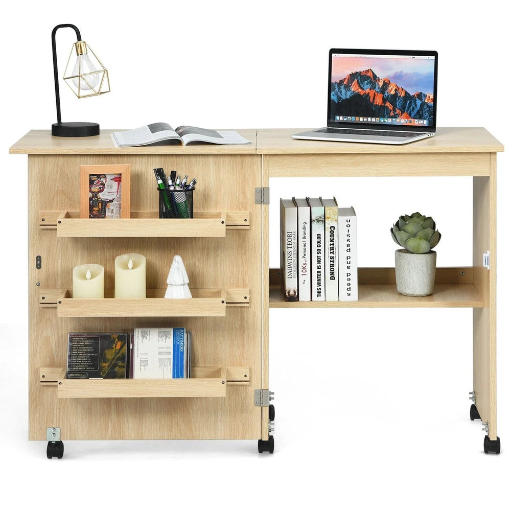Folding Sewing Table 2 IN 1 Rolling Craft Table Office Desk Workstation