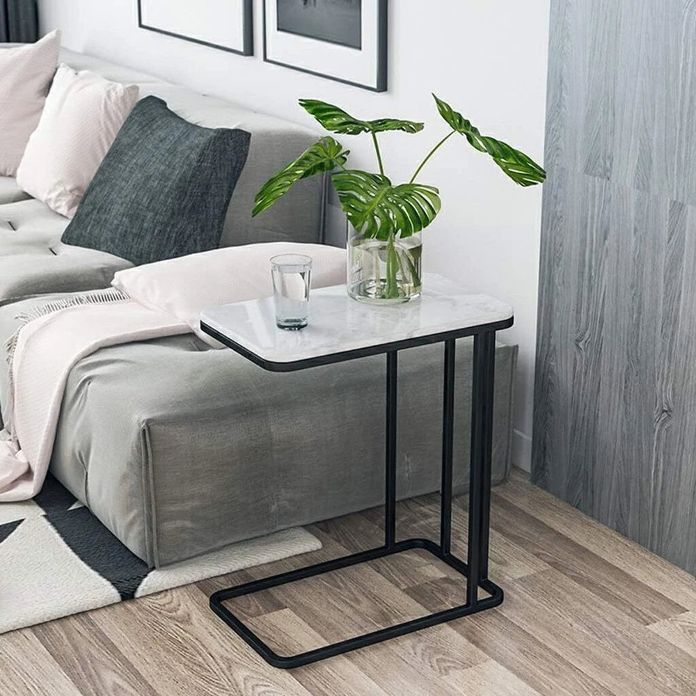 Side Table C Shaped Sofa End Table Coffee Snack Table w/ Metal Frame Couch Table