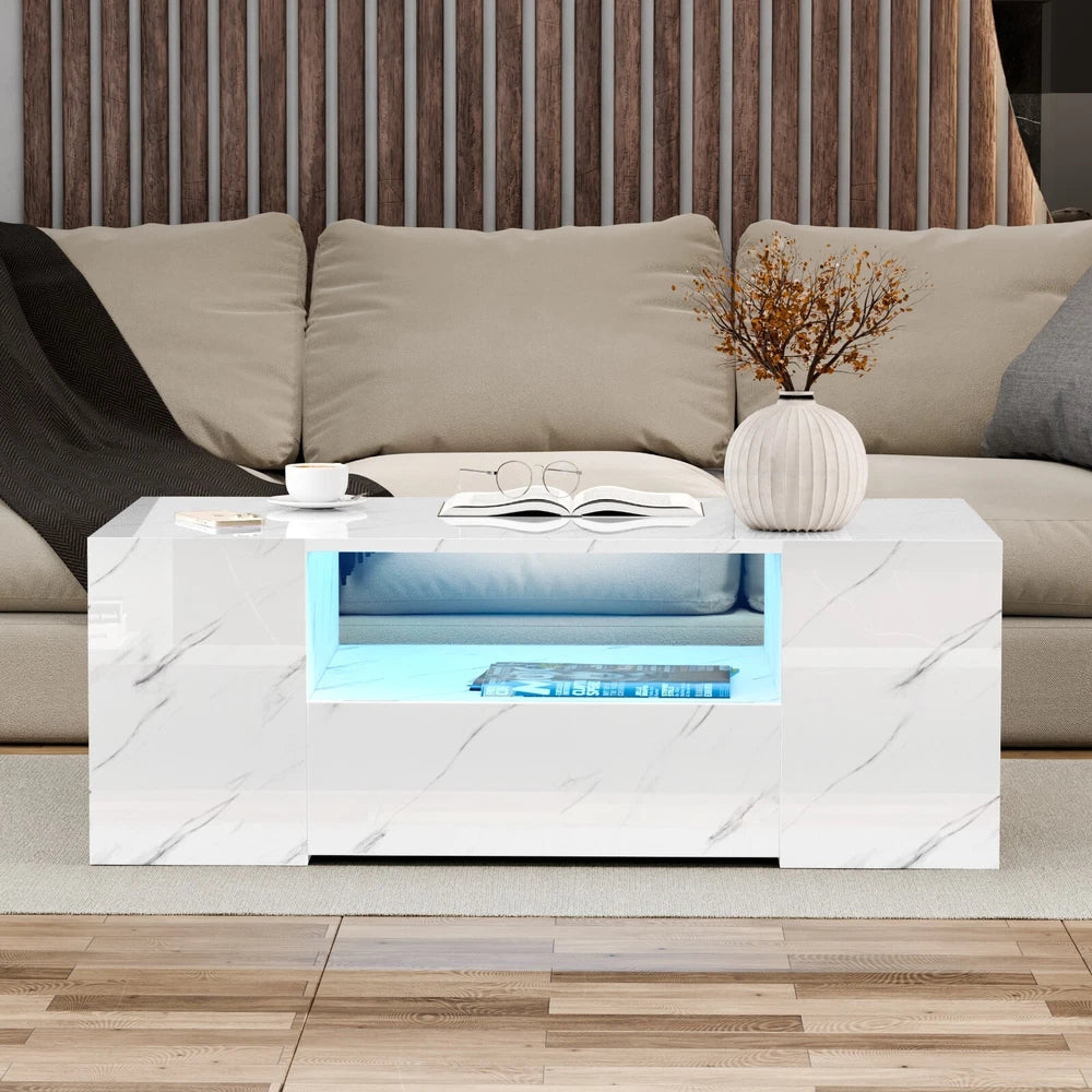 LED Coffee Table Wooden 2 Drawer Storage High Gloss Modern Living Room Furniture