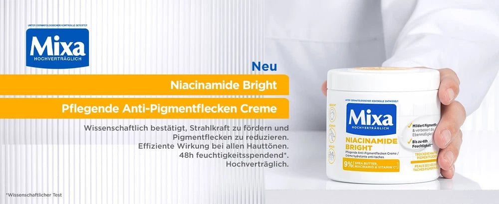 Mixa Brightening Face/Body Cream, Niacinamide, Anti-Pigment, Reduces dark spots