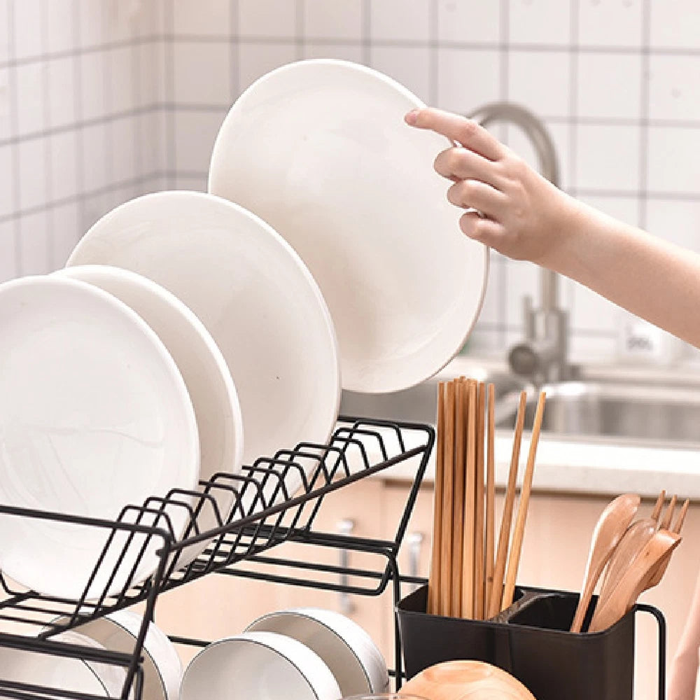 2-Tier Dish Drainer Rack with Drip Tray Cutlery Holder Plate Rack Kitchen Sink