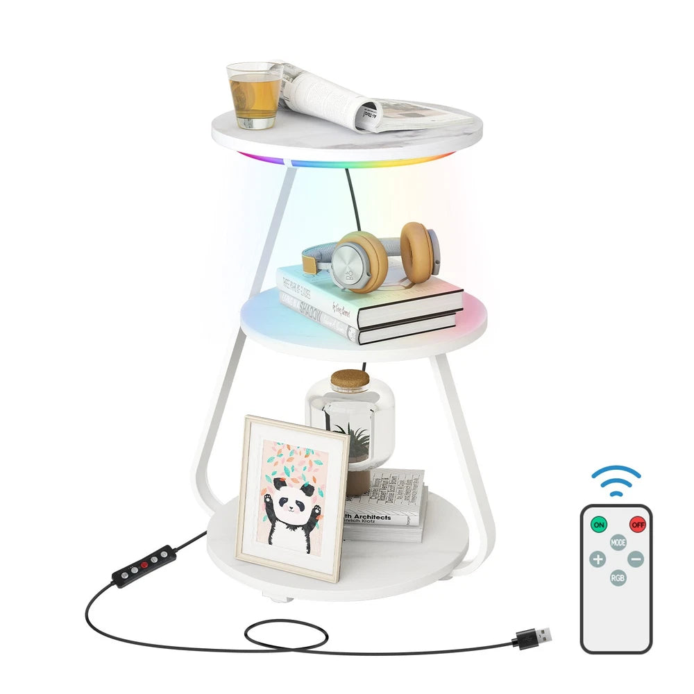 3-Tier Sofa Side Table LED Lighted Bedside Living Room End Table with Storage