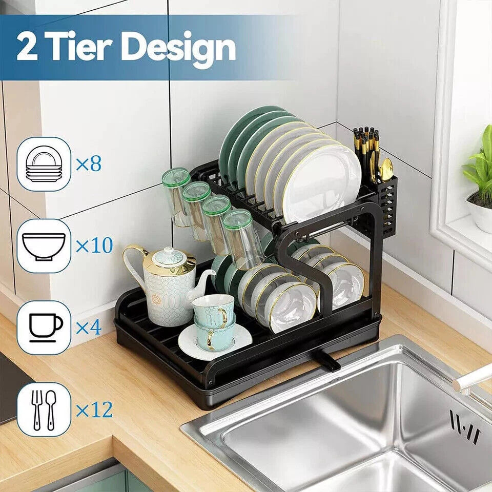 2 Tier Kitchen Sink Dish Drainer Rack With Drip Tray Cutlery Holder Plate Rack