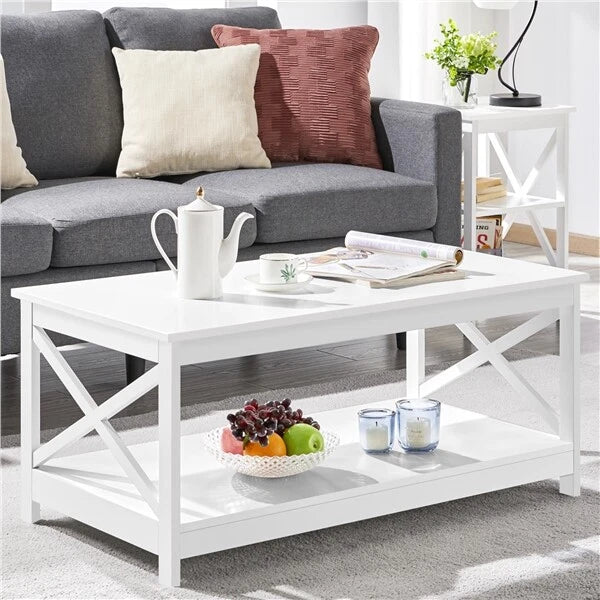 2-Tier Coffee Table with Storage Shelf Modern Center Tea Table for Living Room