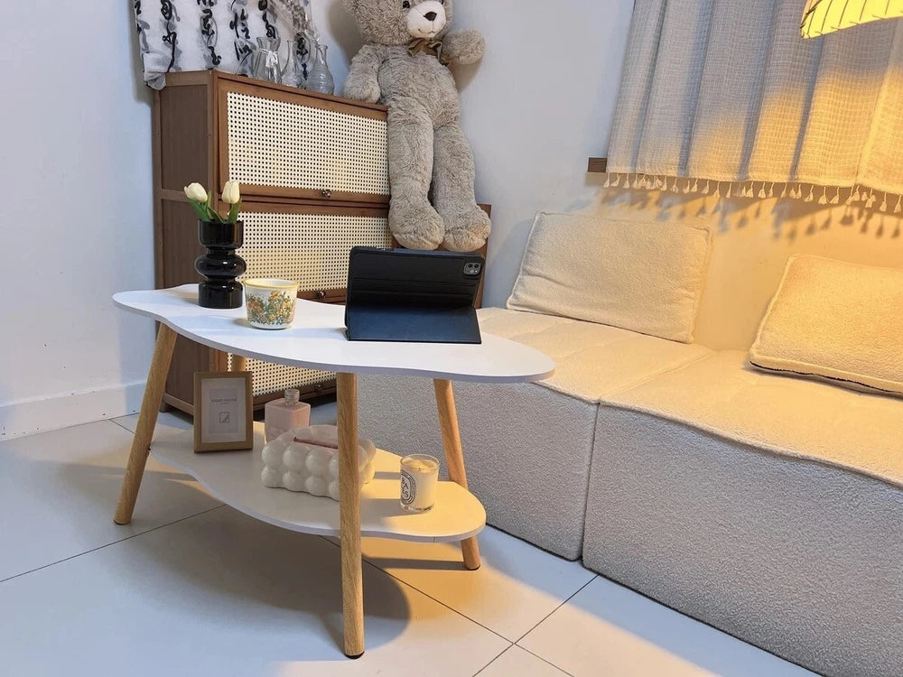 2 Layer Coffee Table Tea Table Cloud Modern Living Room Desk W/ Storage Shelf