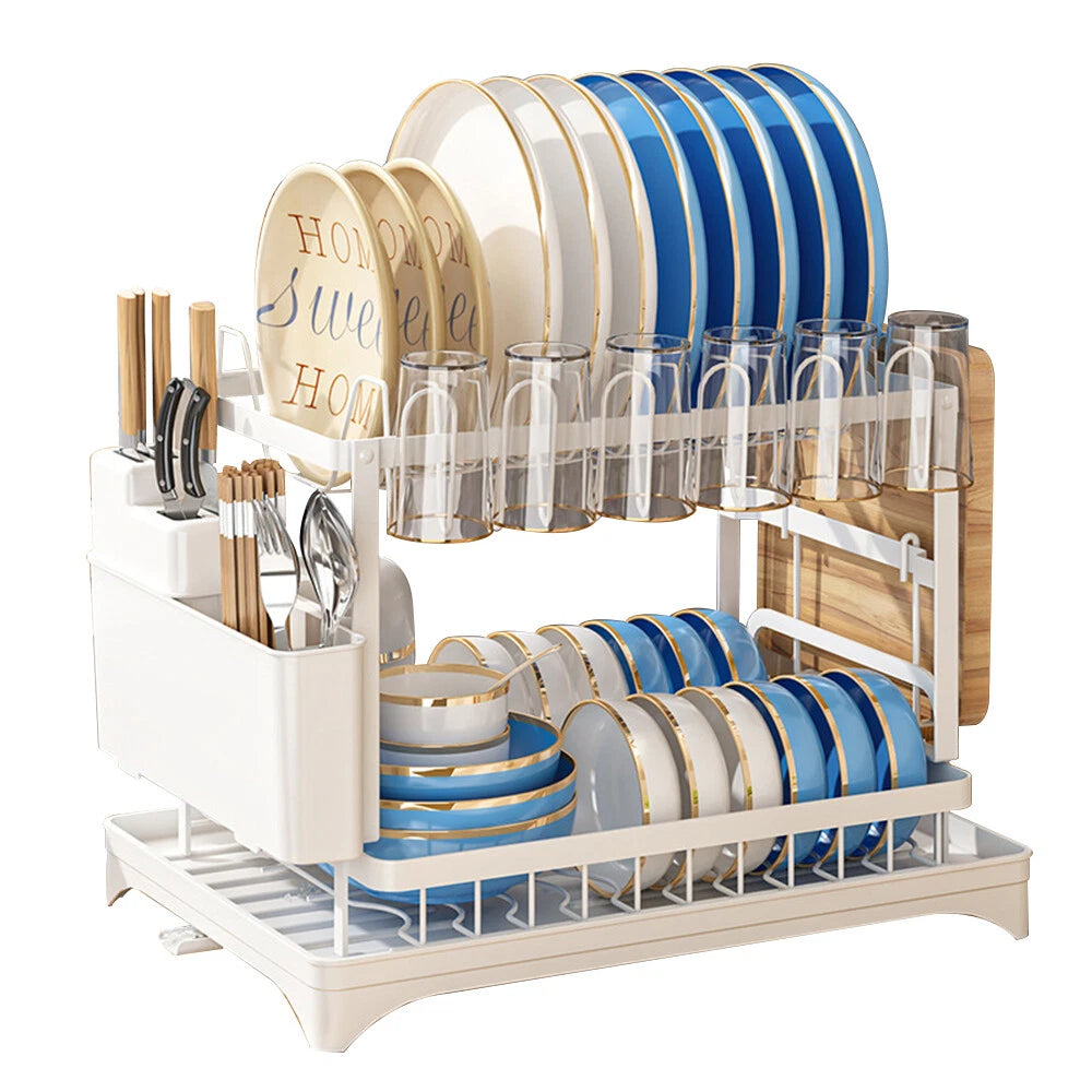 2 Tier Dish Drainer Rack With Drip Tray Kitchen Drying Rack Bowl Plate Holder UK