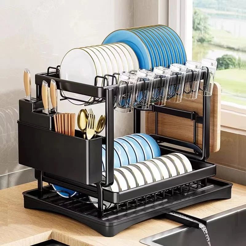 2 Tier Dish Drainer Rack with Drip Tray Cutlery Holder Plate Racks Kitchen Sink