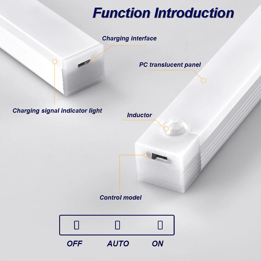 LED PIR Motion Sensor Strip Light Rechargeable Magnetic Cabinet Closet Lamp