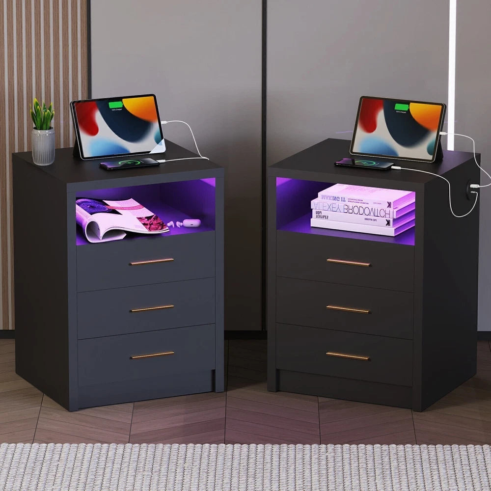 2/3 Drawers High Gloss Front Bedside Table Cabinet LED Nightstand With Charging