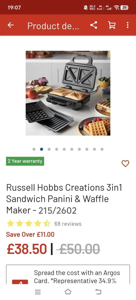 Russell Hobbs Creations 3 in 1 Sandwich Maker Waffle Maker Panini Grill