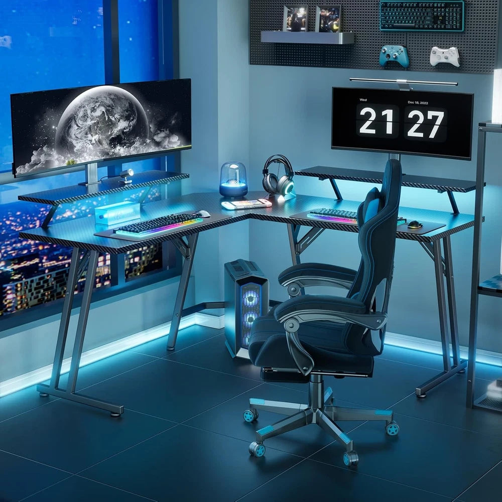 L Shaped Gaming Desk with LED Lights, Computer Desk with Monitor Stand, Black