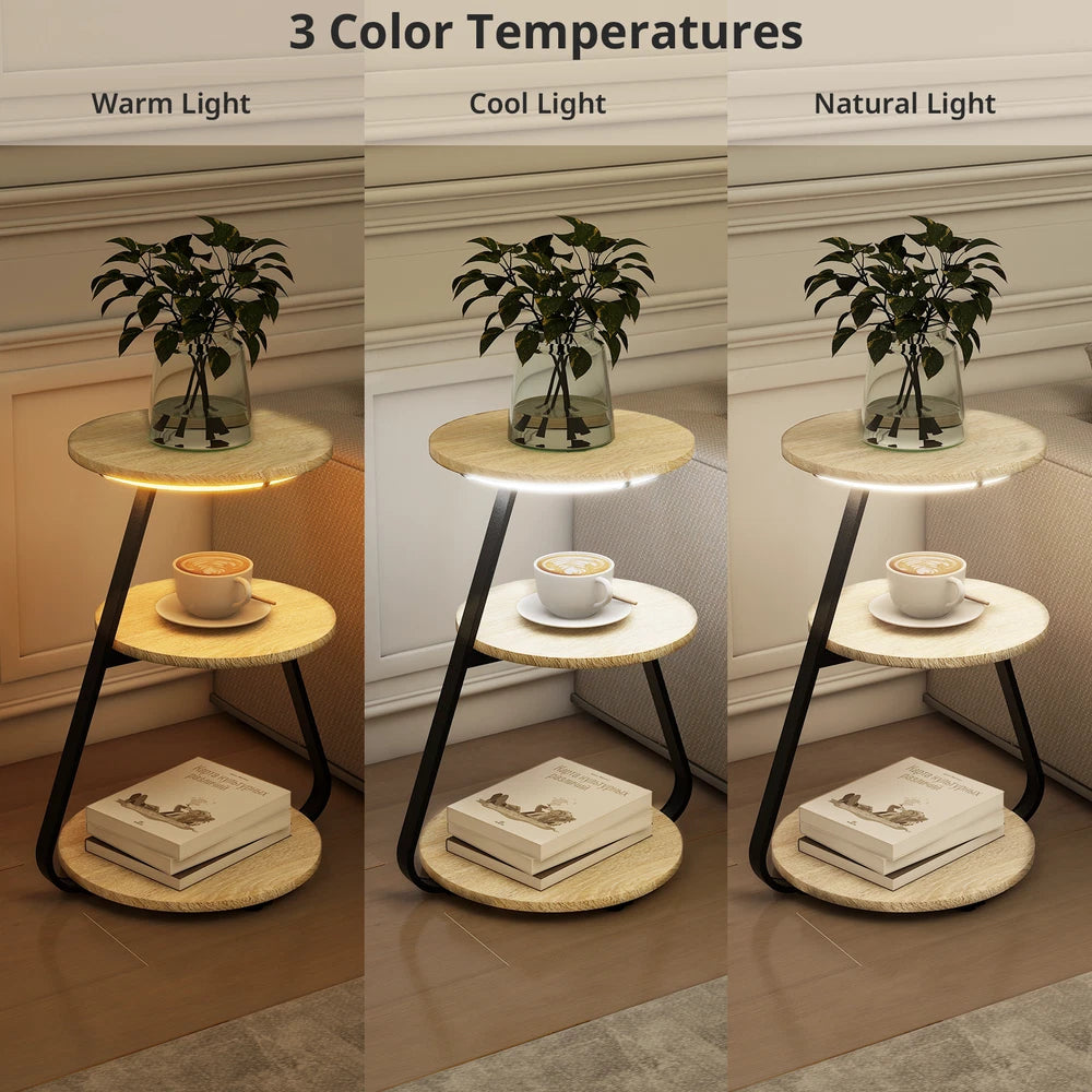 3-Tier Sofa Side Table LED Lighted Bedside Living Room End Table with Storage