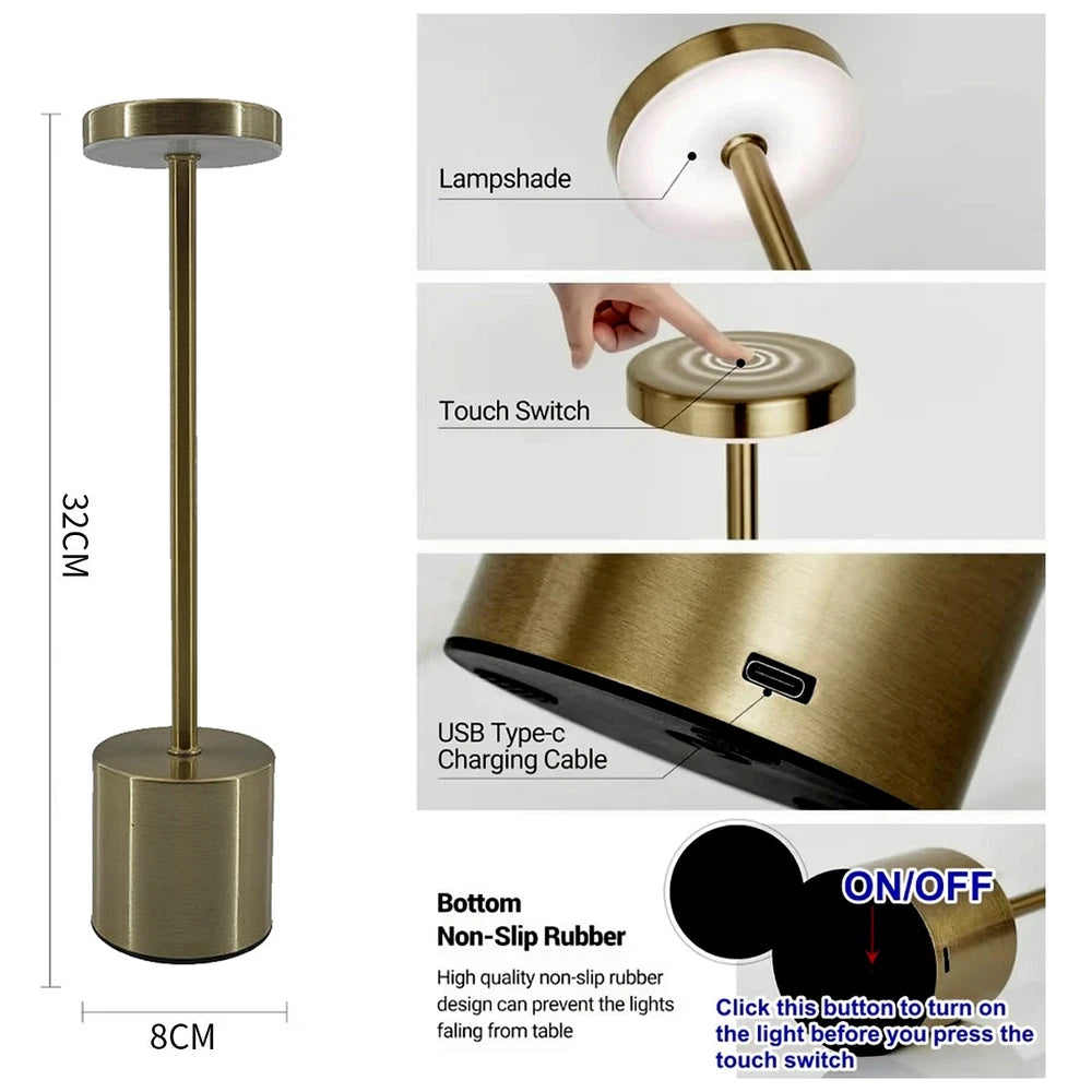 Cordless Rechargeable Metal Table Desk Lamp Touch Control Dimmable Night Light