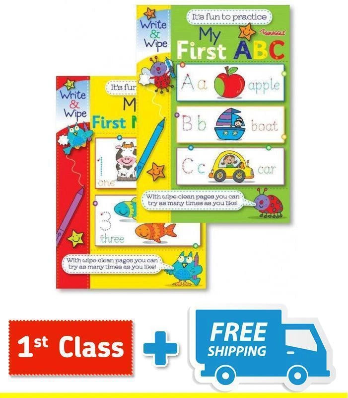 EASY LEARNING CHILDRENS MY FIRST NUMBERS ABC WRITE AND WIPE PRACTICE BOOKS.