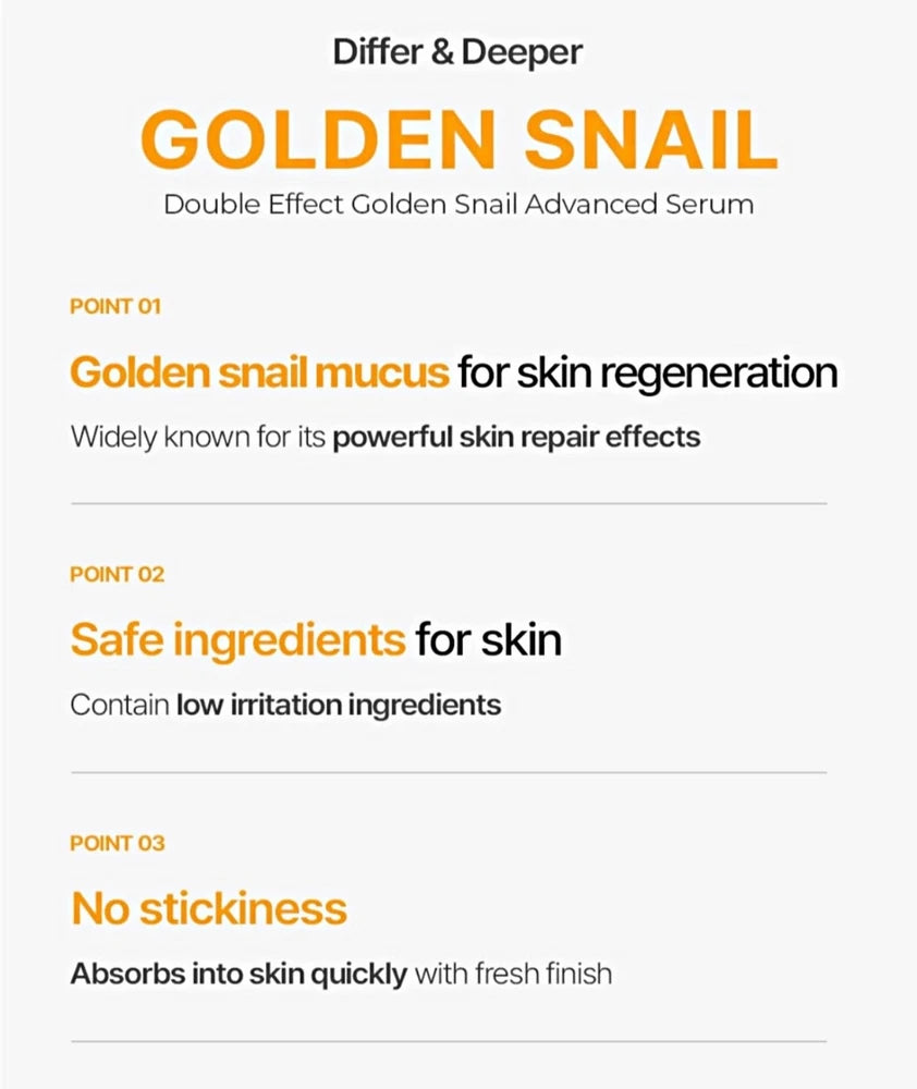 Golden Snail Mucin/EG Serum-Differ & Deeper-K-Beauty–Anti-Wrinkle,Blemish Repair