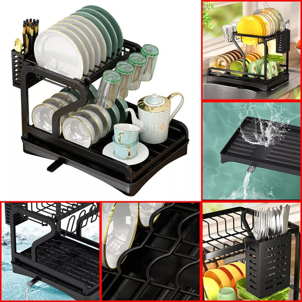 2 Tier Kitchen Sink Dish Drainer Rack With Drip Tray Cutlery Holder Plate Rack