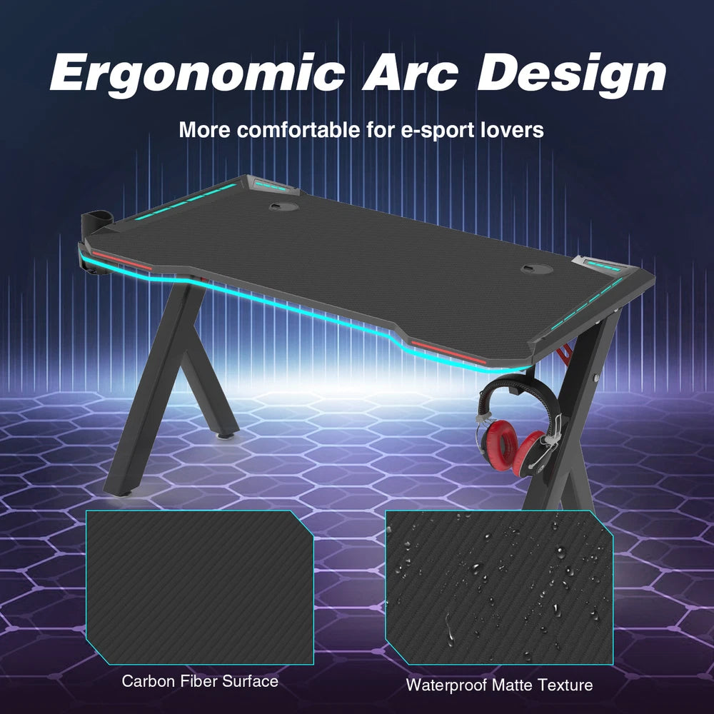 XXL Gaming Desk RGB LED Computer Racing Table Carbon Fiber PC Gamer Workstation