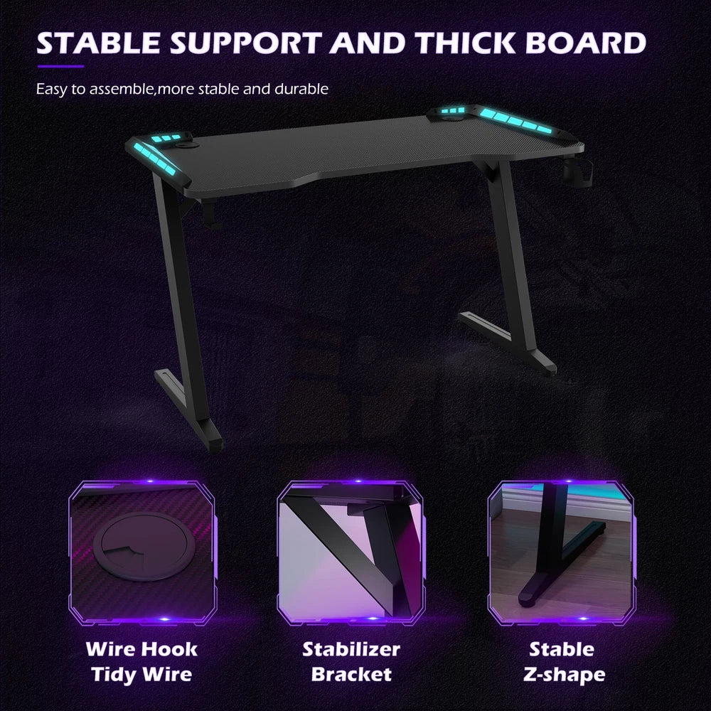 Gaming Desk LED RGB Computer Table Workstation w/ Cup Holder & Headphone Hook